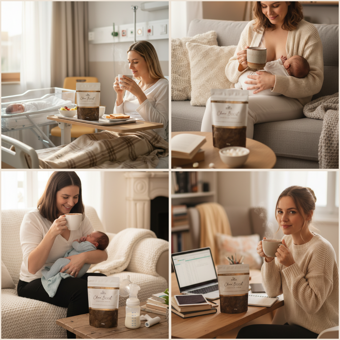 Moments du quotidien avec ChocoBoost NEA MAMA pendant l’allaitement et la reprise du travail