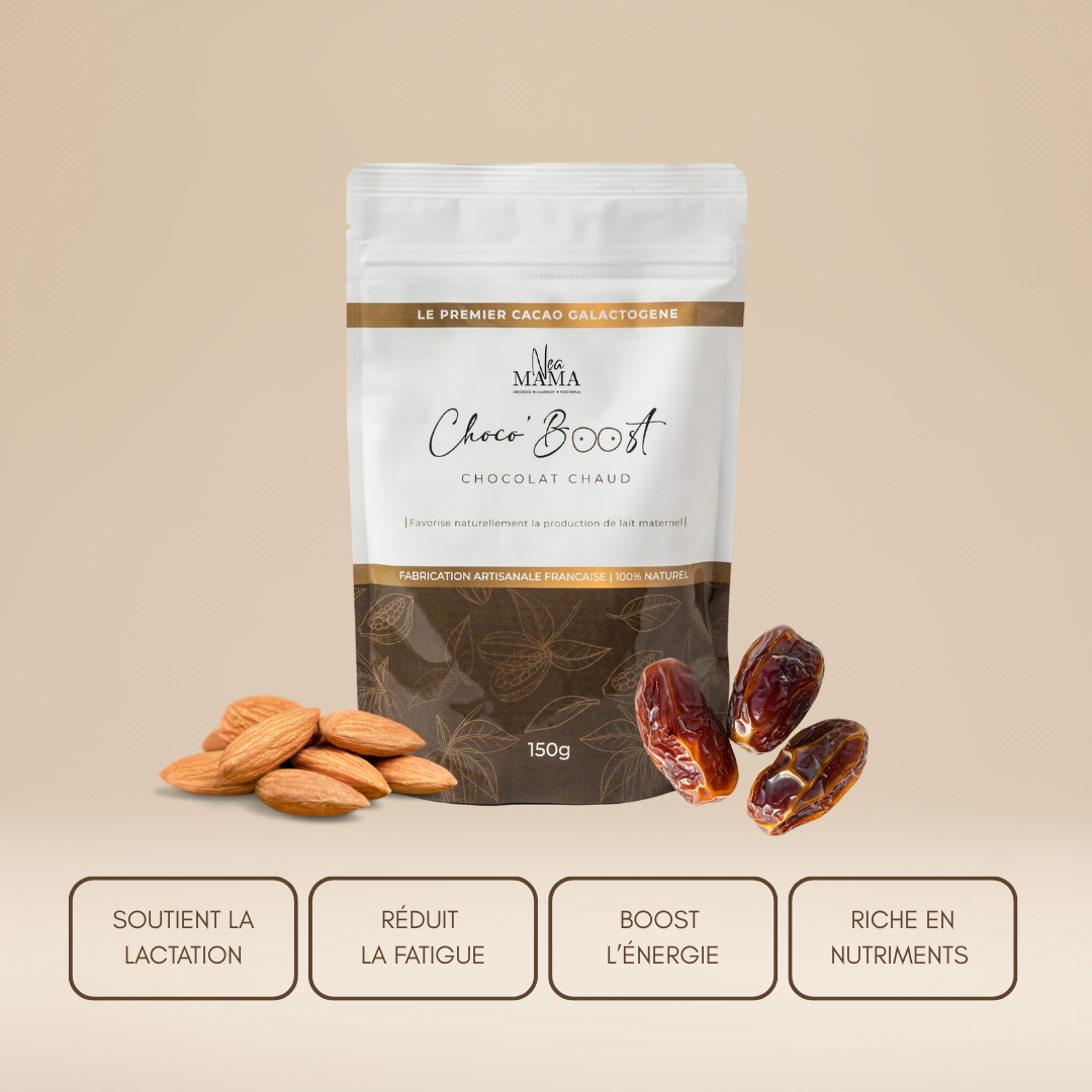 ChocoBoost NEA MAMA présenté avec cacao et dattes – cacao galactogène naturel