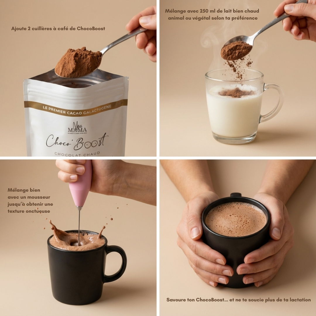 Préparation du chocolat chaud ChocoBoost NEA MAMA pour les mamans allaitantes