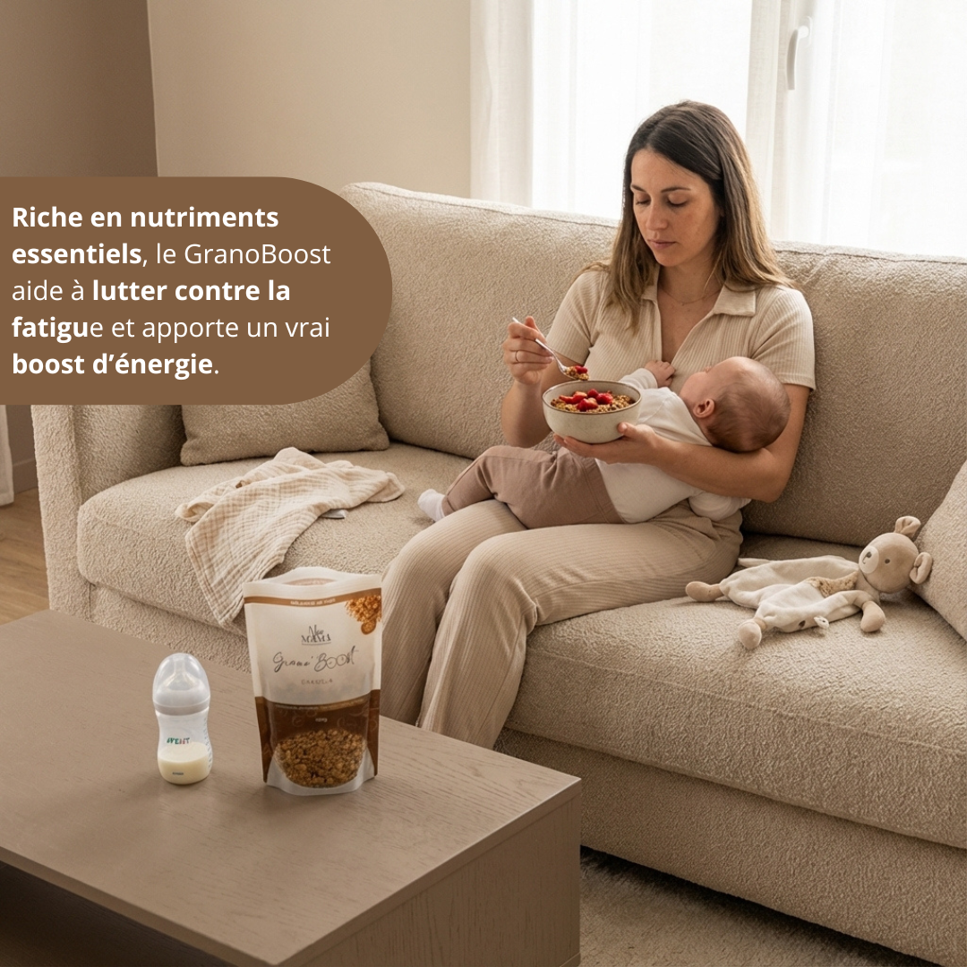 Mama dégustant GranoBoost pour lutter contre la fatigue