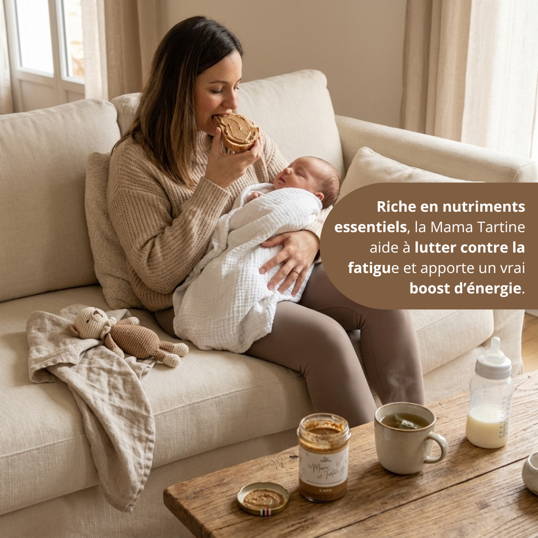 Mama dégustant Mama Tartine pour un boost d’énergie au quotidien
