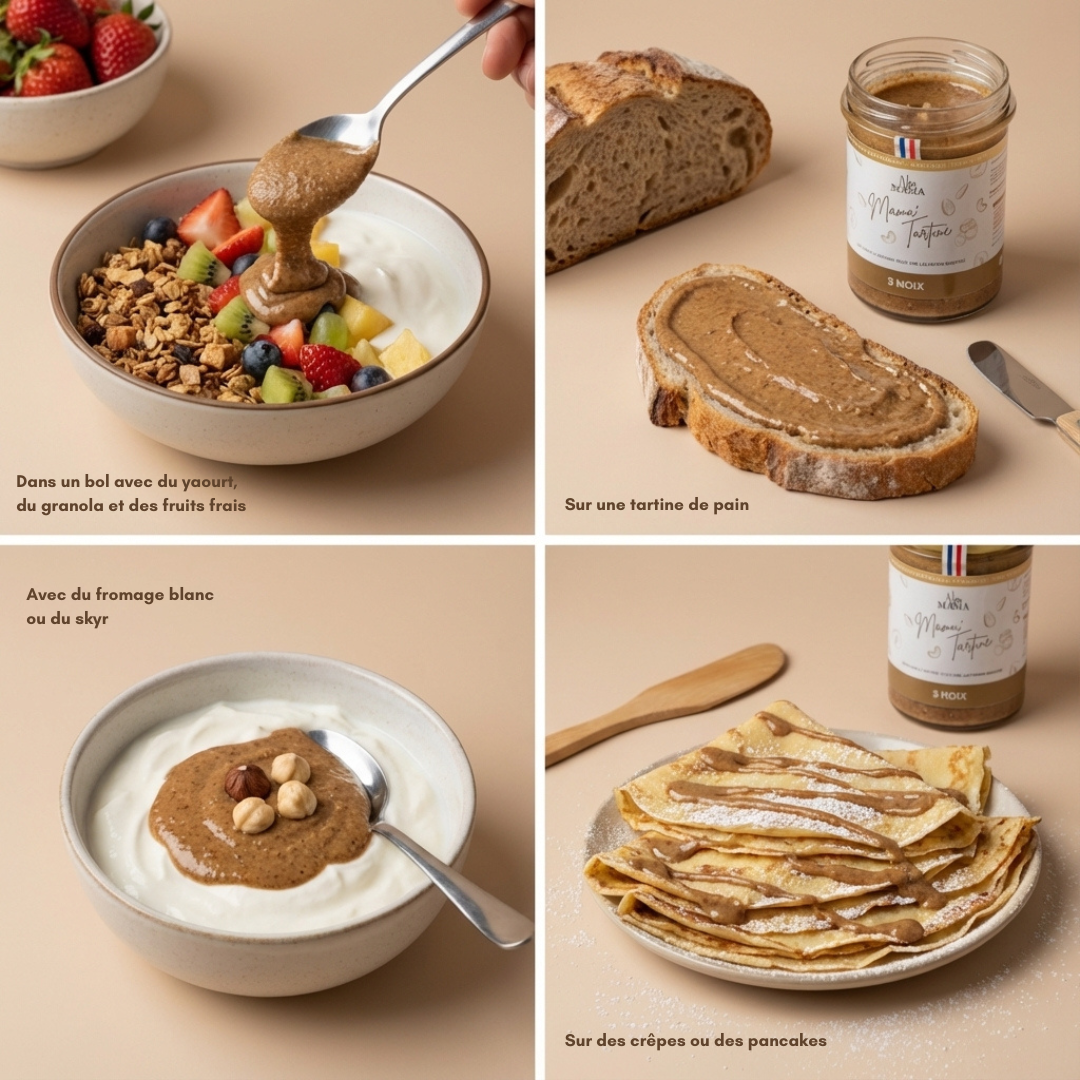 Mama Tartine en topping sur bol et pancakes