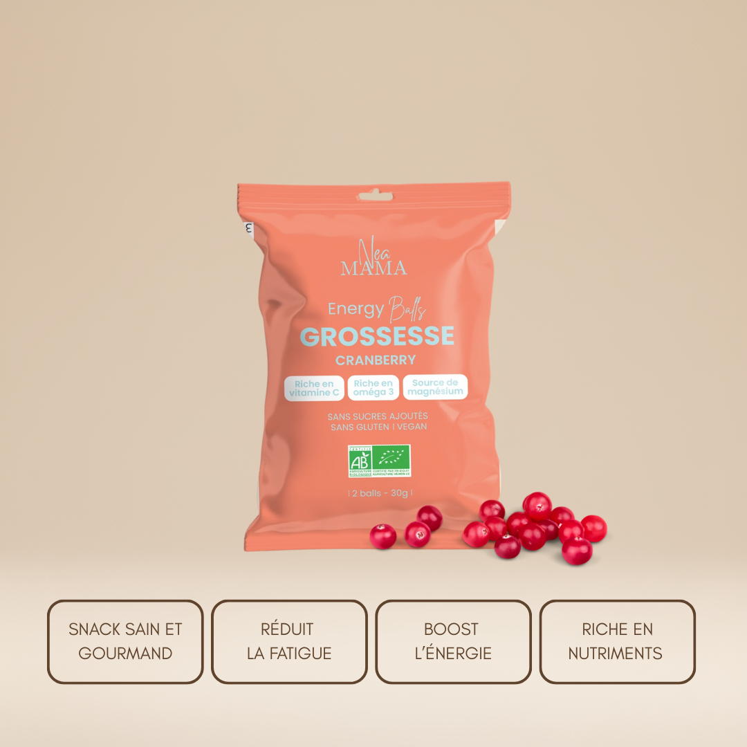 Energy balls grossesse NEA MAMA aux ingrédients naturels, source de fibres, magnésium et oméga 3.