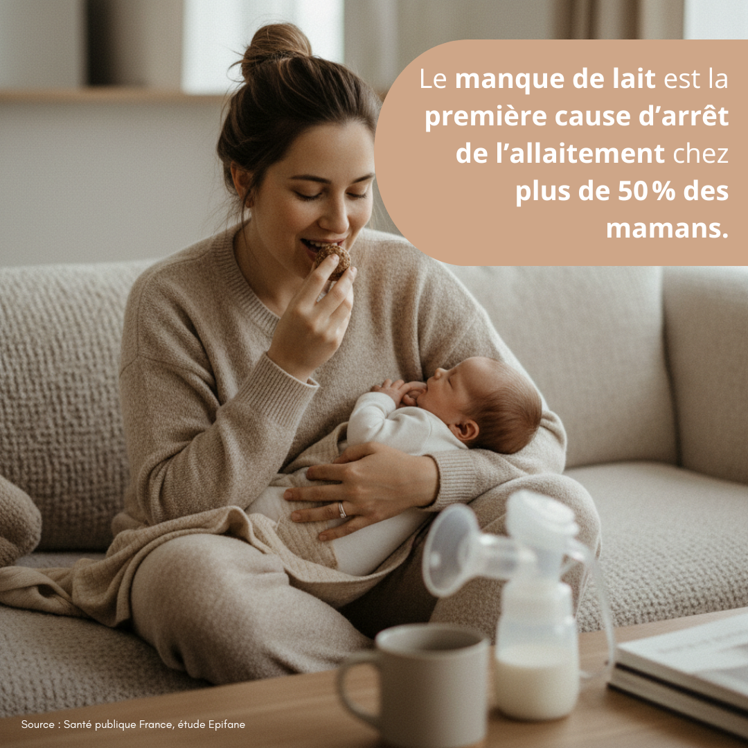 Maman allaitante dégustant une energy ball NEA MAMA pendant un moment de calme avec son bébé.