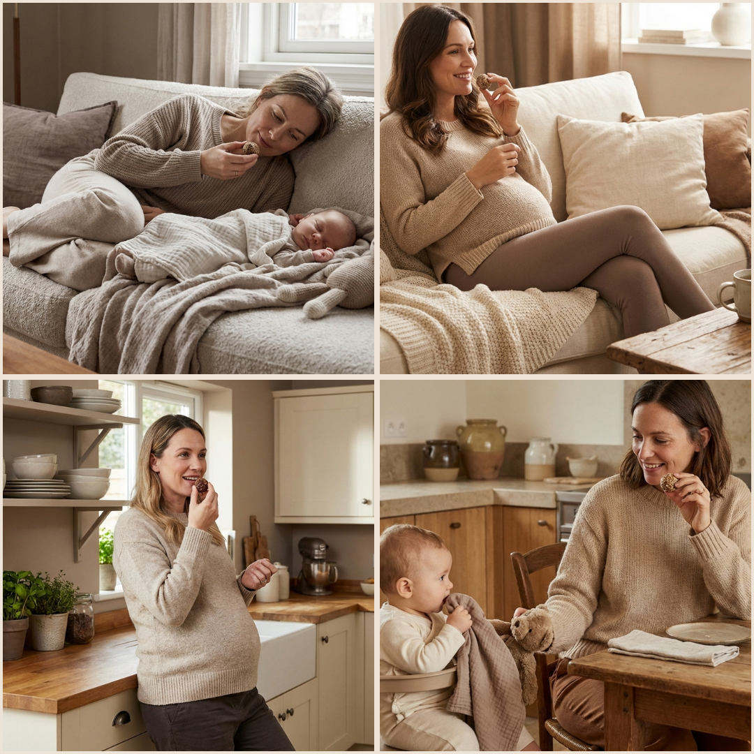Femme enceinte et jeune maman consommant des energy balls pour soutenir l’énergie au quotidien.