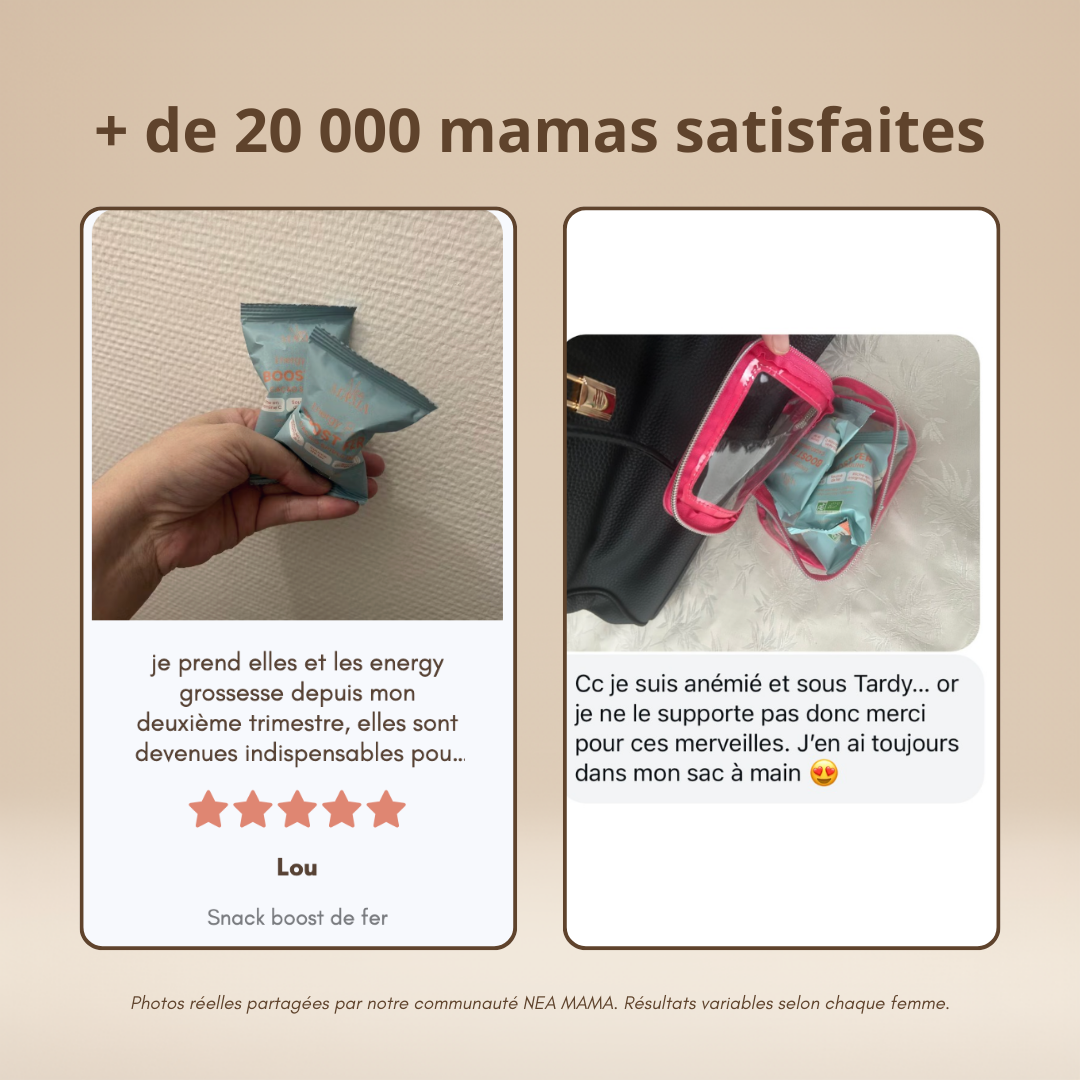 Avis de mamans satisfaites sur les energy balls Boost de fer NEA MAMA, snack énergie naturel.