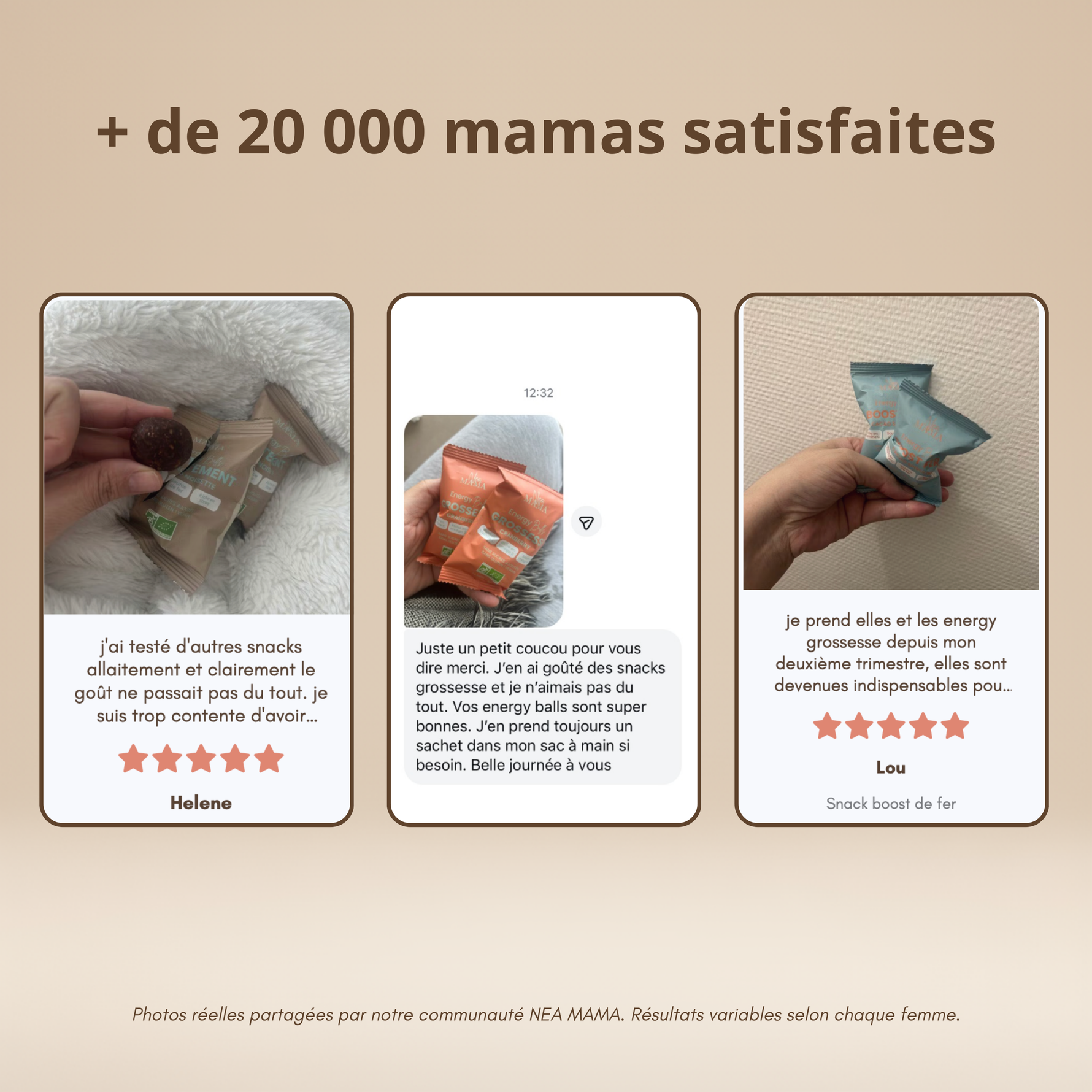 Avis de mamans satisfaites sur les energy balls NEA MAMA pour grossesse, allaitement et carences en fer.