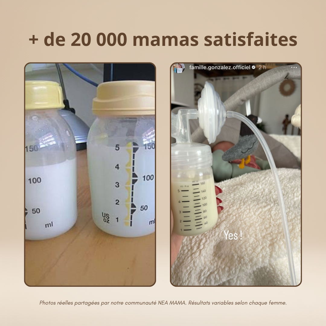 Avis clientes sur les tisanes d’allaitement NEA MAMA, photos de tire-lait et retours positifs de mamans allaitantes.