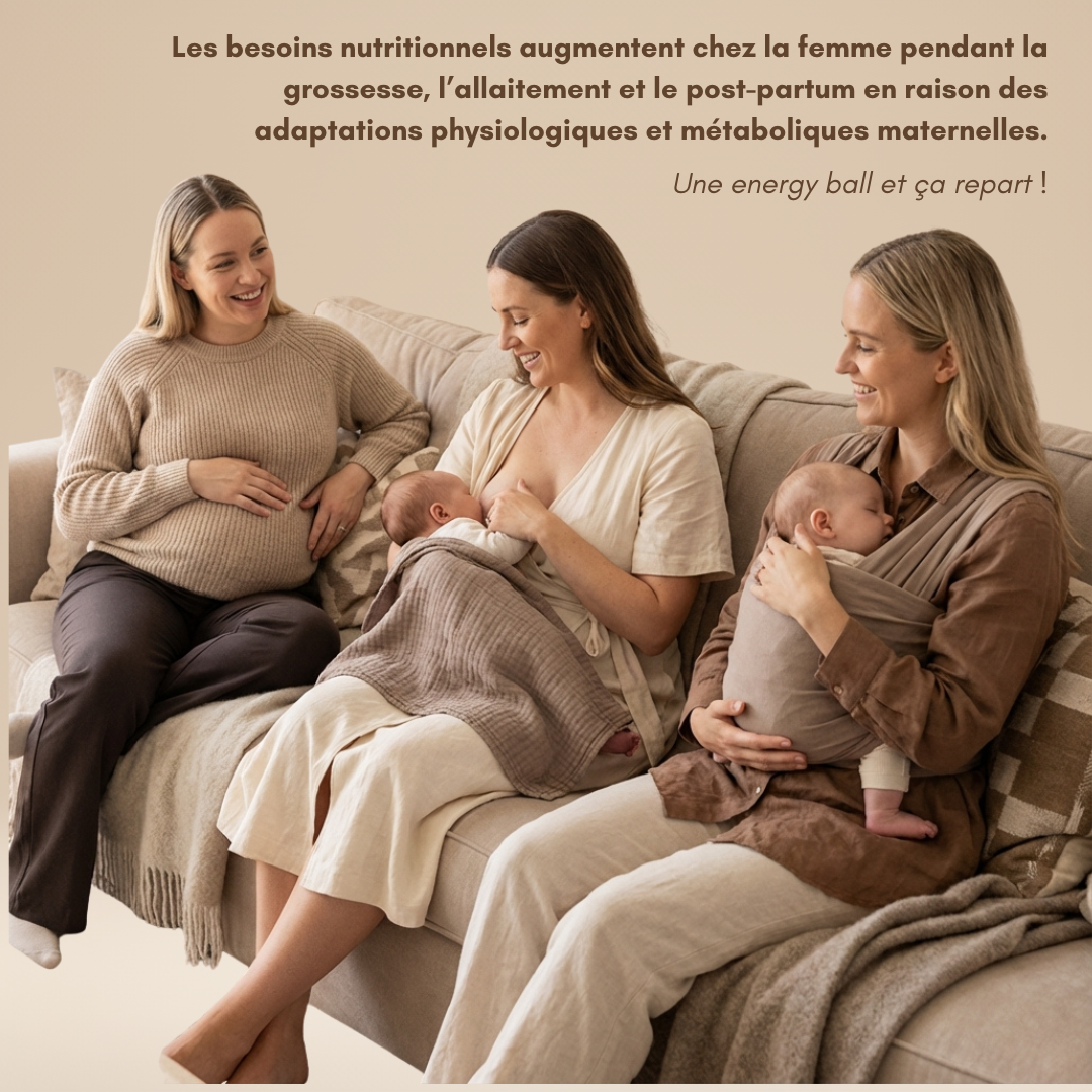 Groupe de futures et jeunes mamans partageant des energy balls NEA MAMA lors d’un moment convivial.